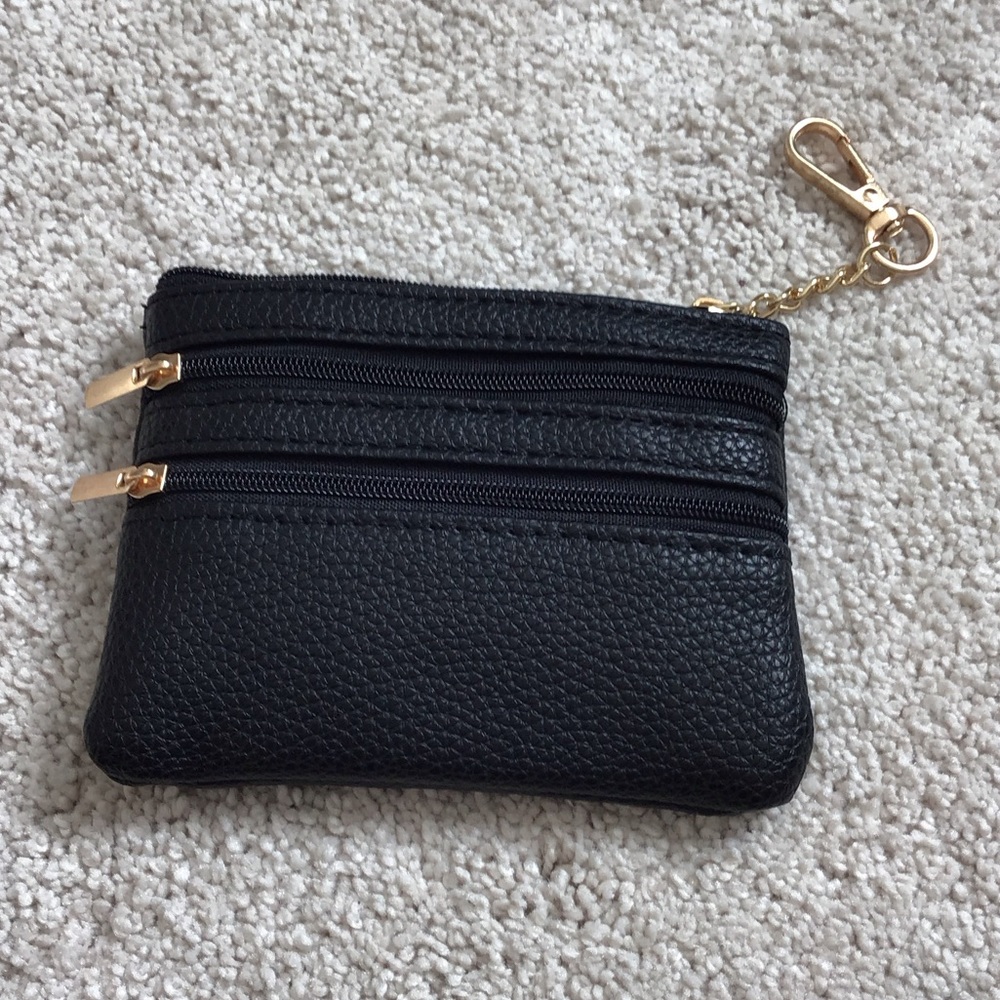 Black Leather Coin Purse with Gold Accents
